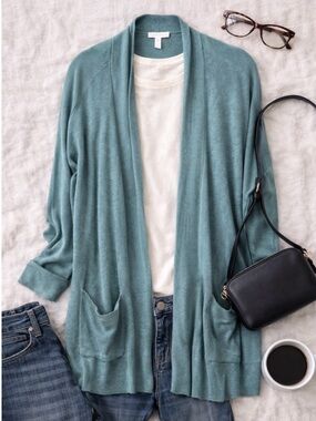 Eileen Fisher Open Cardigan Sz S Green Long Sleeves Drop Shoulder Side Slits